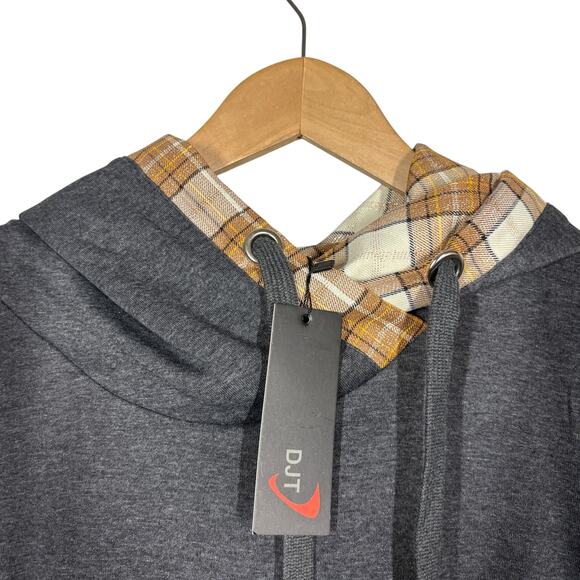NEW! Djt Hoodie Plaid Trim Pullover Blouse Combo Gray Tan Gold Casual - 35 - Picture 2 of 5
